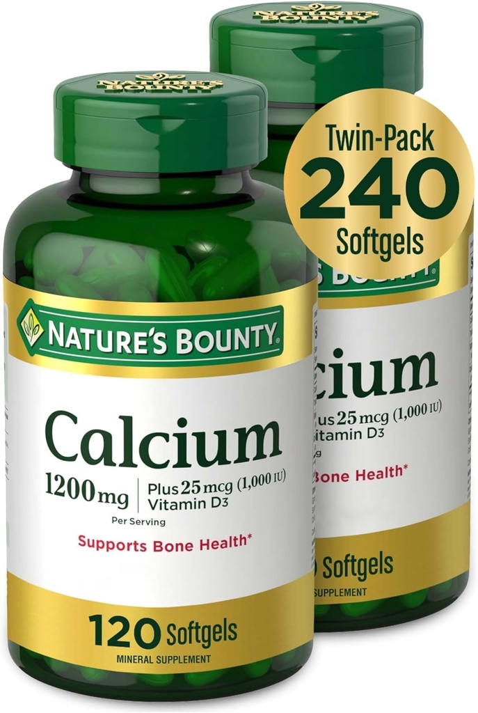 Nature's Bounty Calcium 1200 mg with Vitamin D3 - Bone Health Softgels, Calcium and Vitamin D Supplement, 120 Ct (2-Pack)