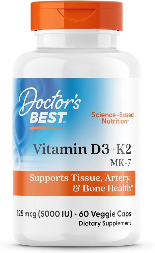 Mejor vitamina D3 + K2 (Vitamin K2 como MK-7), soporta el hueso, el tejido, la salud Arterial, la absorción de calcio • no GMO • sin gluten • vegetariano, 5000 UI, 60 cápsulas de verduras