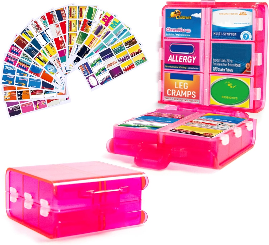 Gran organizador de píldoras con etiquetas de la medicina, dispensador de píldoras de 12 departamentos Caso de almacenamiento de medicamentos de viaje, caja de píldoras de 7 días para suplementos de vitaminas (Pink, 161 etiquetas)