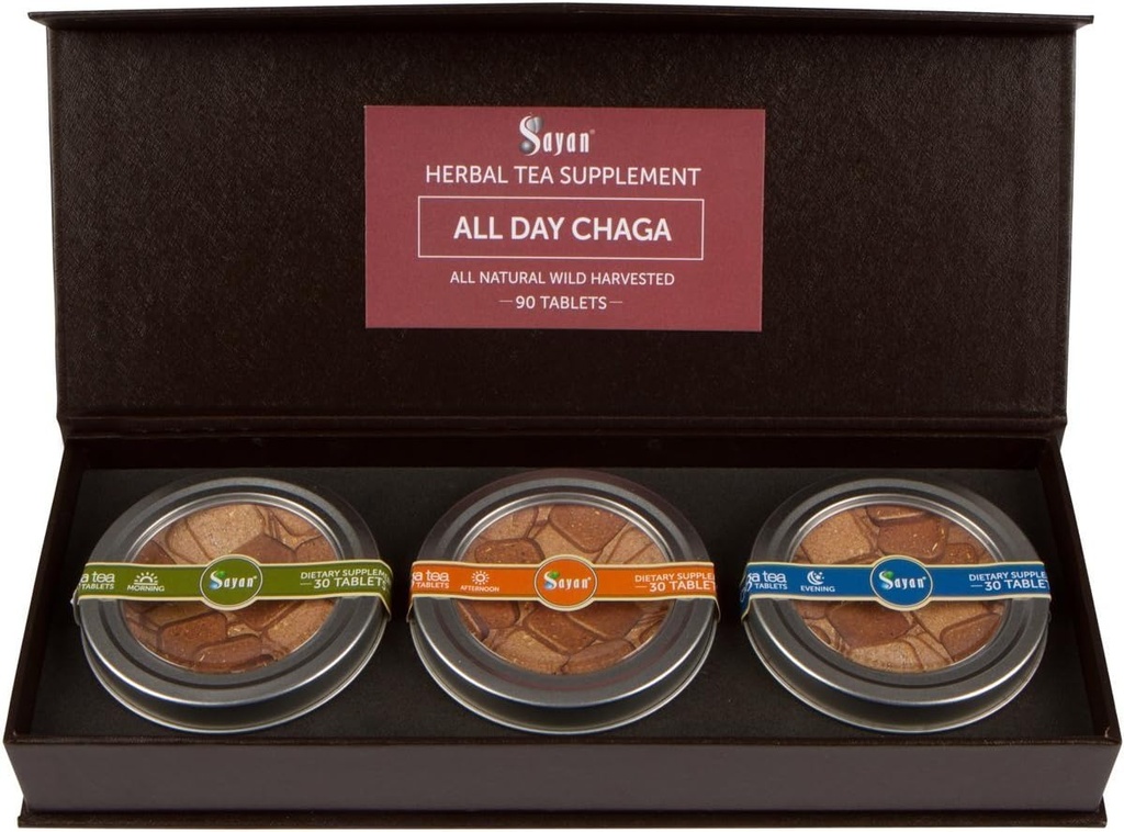 Sayan Siberian All Day Set Instant Chaga Mushroom Tea, Pack of 3 Daily Tablets (90 Pcs) - Wild-Harvested, Premium Blend – Natural Antioxidant Tea for Immune support, Energy boost &amp; Mejor Digestión