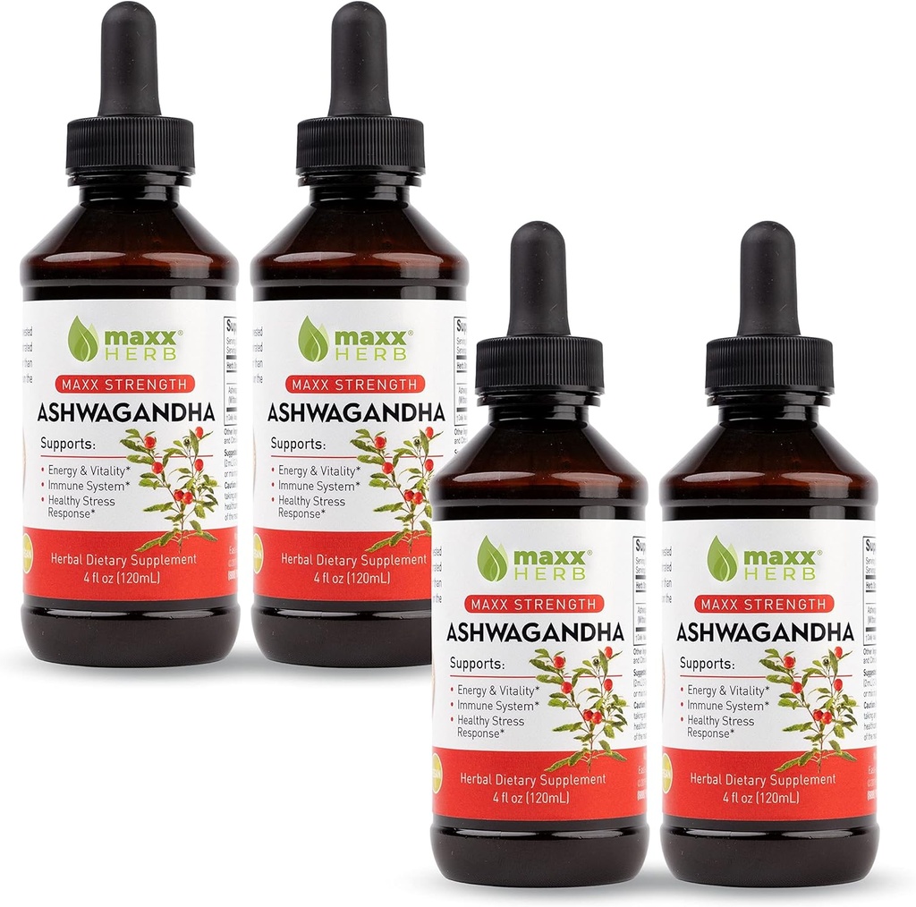Maxx Herb Ashwagandha Extracto – Max Strength Liquid Tincture Absorbs Better Than Capsules o Powder - para la resistencia, la memoria y el soporte de inmunológico – 4 botellas, 4 Oz Cada (240 servidumbres)