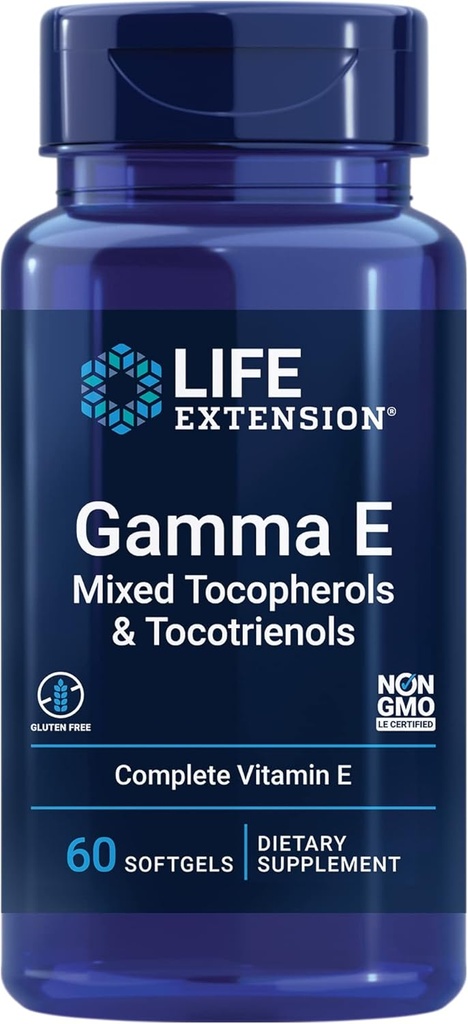 Extensión de vida Gamma E Mixed Tocopherols " Tocotrienols – Vitamina completa E Spectrum, Protección Antioxidante – No Gluten-Free – 60 Softgels