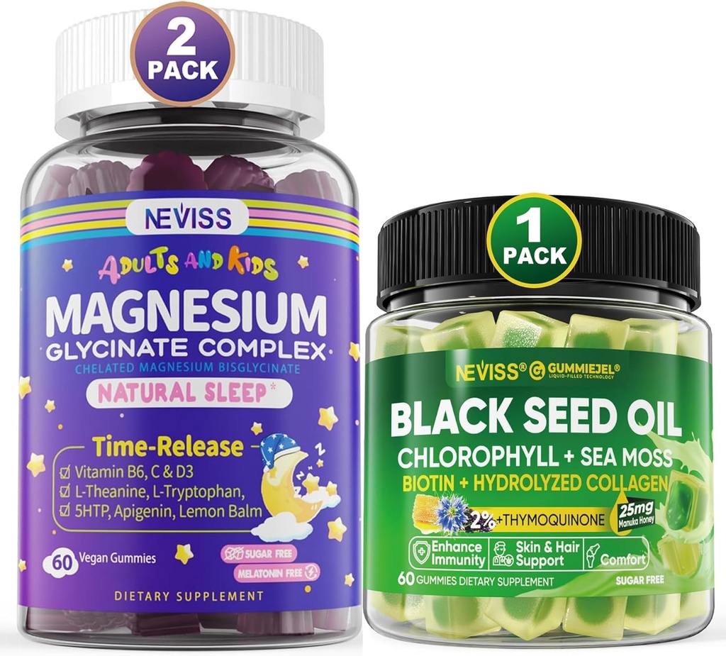 NEVISS Black Seed Oil Gummies, Chlorophyll & Sea Moss Suplemento + Magnesium Glycinate Gummies for Adults &amp; Kids 4+
