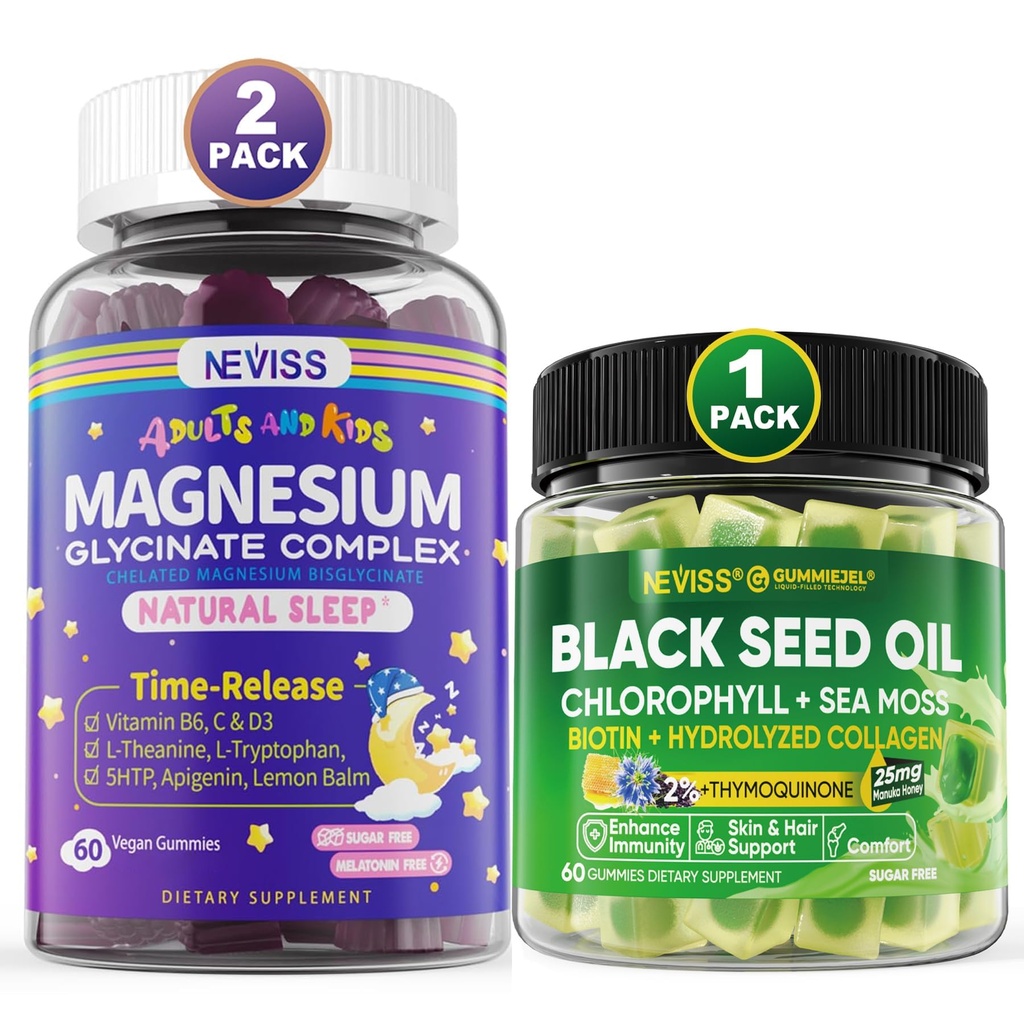 NEVISS Black Seed Oil Gummies, Chlorophyll & Sea Moss Suplemento + Magnesium Glycinate Gummies for Adults &amp; Kids 4+