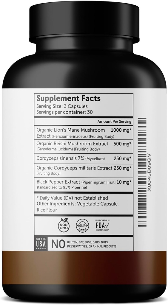 Ultra6 Nutrición Leones orgánicos Mane Capsules - León Mane Suplemento con Reishi, y Cordyceps - Salud Inmune &amp; Suplemento Cognitivo para Adultos (90 cápsulas vegetarianas)