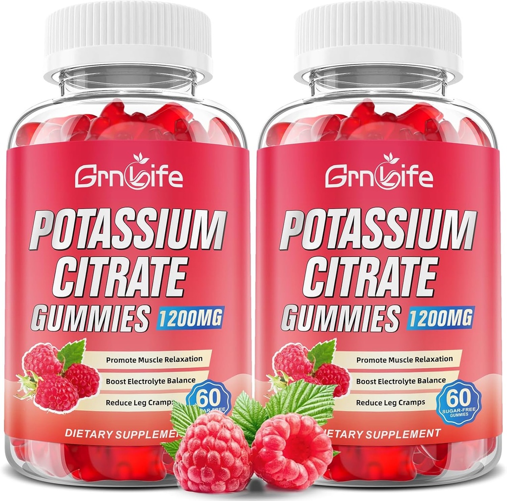 2 Pack Potassium Citrate Gummies, High Potassium Supplement Gummies 1200mg Support Leg Cramps & Muscle Health, Potassium Gummies for Adults & Kids, Vegan, Raspberry Flavor 120 Count