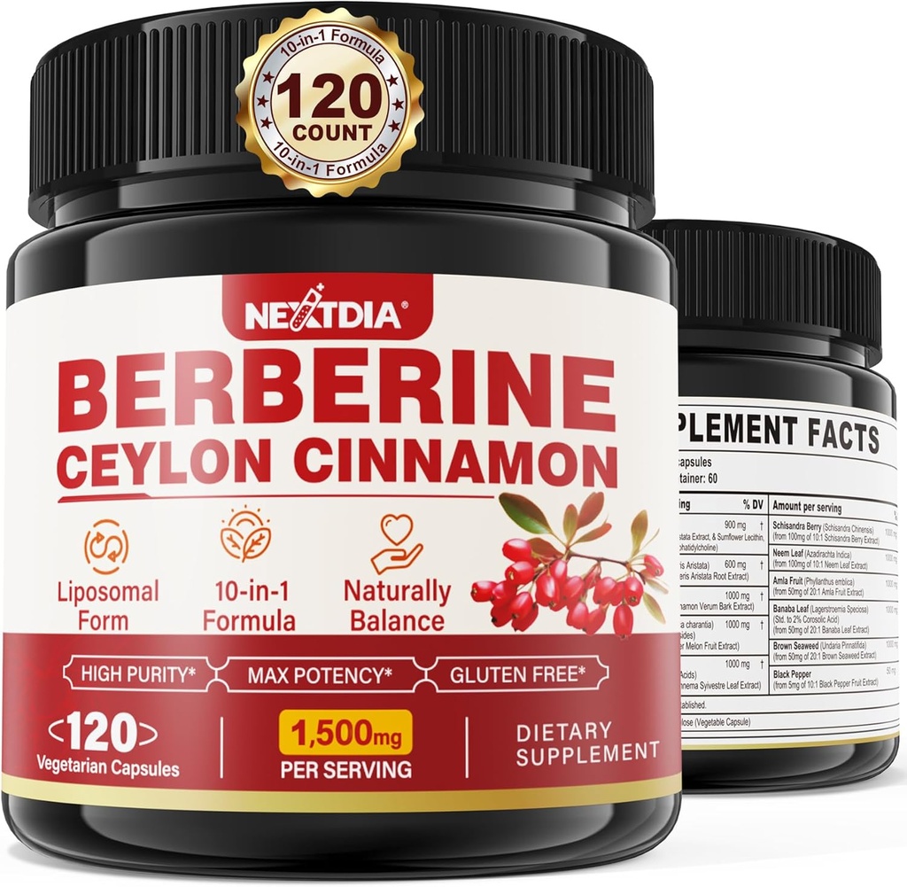 Suplemento de bereberina Organic 1500mg with Ceylon Cinnamon Bitter Melon, Liposomal Berberine HCL Complex Supplements, Immune &amp; Digestive Support - Non-GMO, Organic, Vegan Berberine Capsules 120Cts