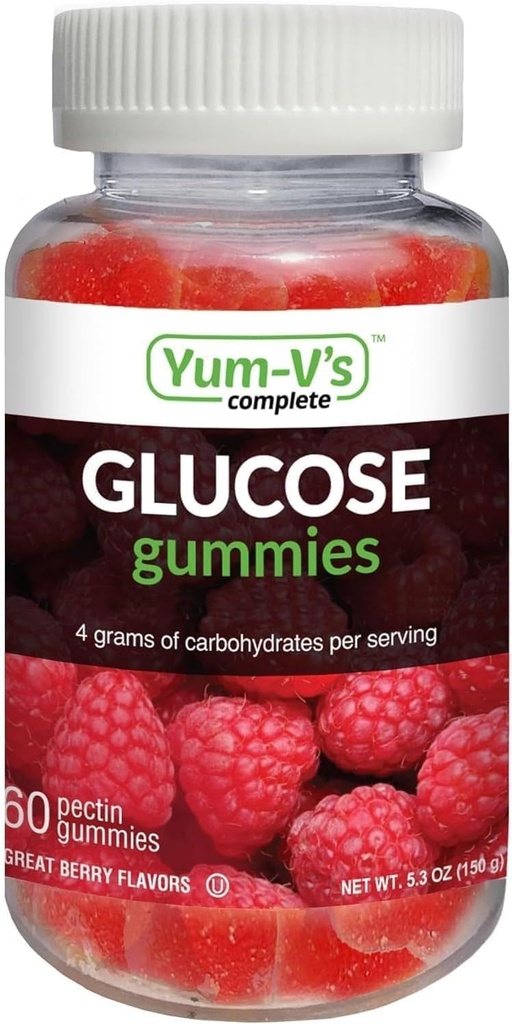 YUM-V'S Glucose Gummies – Fast Acting Glucose Chewable Gummies – Great Tasting – Gluten Free, Vegan, Non-GMO – Berry Natural Flavor – 60 Chewable Gummy for Adults & Kids