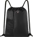 BeeGreen Black Drawstring Backpack Gym Bag For Men Women String Sports Backpack With Water Bottle Mesh Pockets And 2 Zippered Pocket Large Cinch Sackpack Workout Bag 16" x 20"