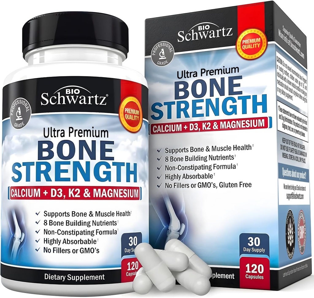 BioSchwartz Bone Strength Supplement - Gentle Non-Constipating Bone Health Supplement for Women &amp; Men with 9-in-1 Complex with Calcium Magnesium Zinc D3 K2 &amp; More - 3rd Party Tested - 1 Mes