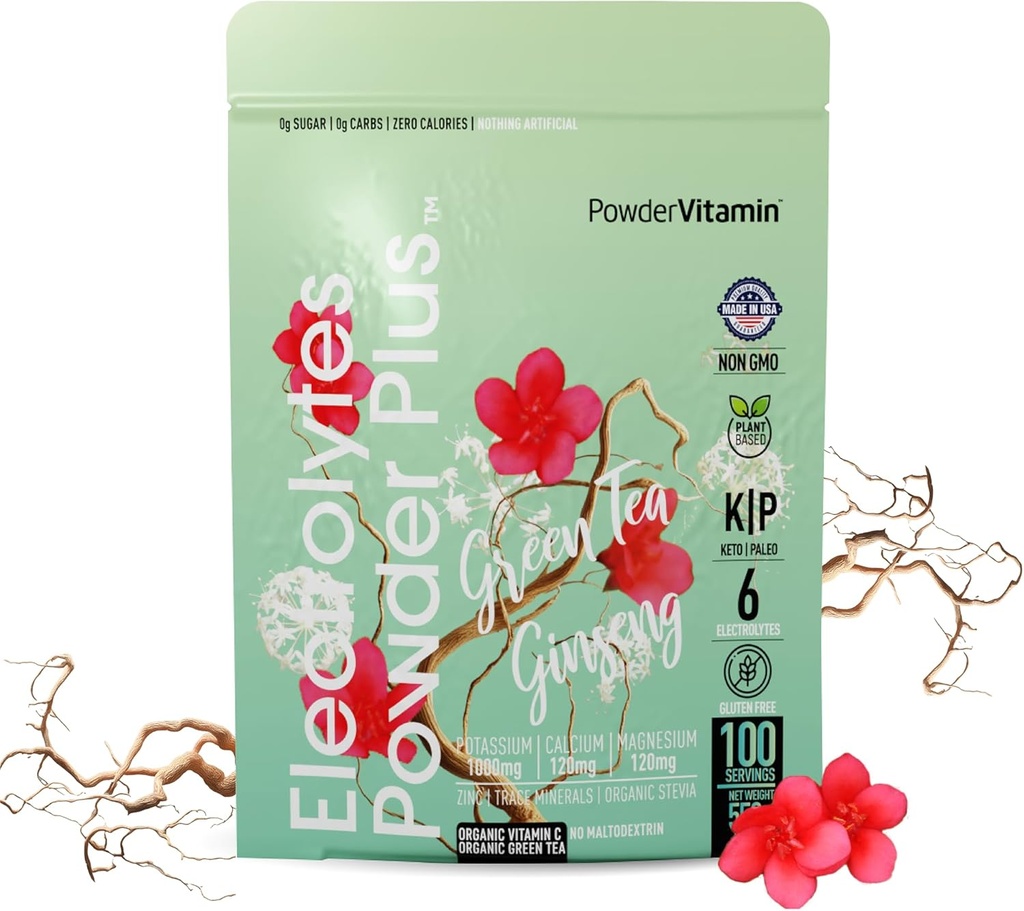 PowderVitamin Electrolytes Powder Plus (100 Servings) Green Tea Ginseng Electrolyte Powder Keto, Sugar Gratis, Rosa Himalayan Salt,1000mg Potasio, 150 mg de calcio, 150 mg de magnesio, Hidratación Powder