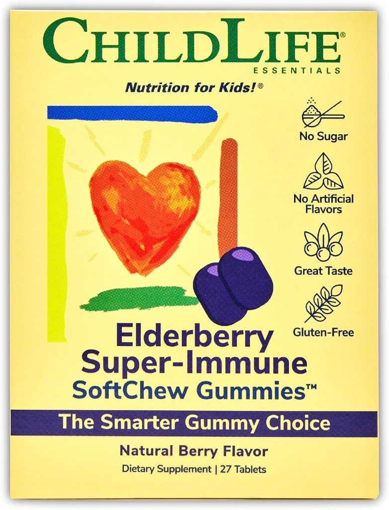 CHILDLIFE ESSENTIALS Elderberry Super-Immune SoftChew Gummies for Kids - Immune Support with Vitamin C &amp; Vitamin D3, Elderberry Immune Supplement for Babies, Toddlers & Children - Berry, 27 Softchews