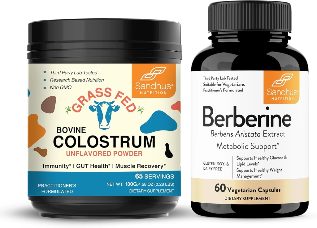 Sandhu's Pure Bovine Colostrum Powder Supplement for Humans & Berberine HCL Supplement 500mg per Capsule habit Supports Immune, Gut, Muscle & Healthy Energy Levels