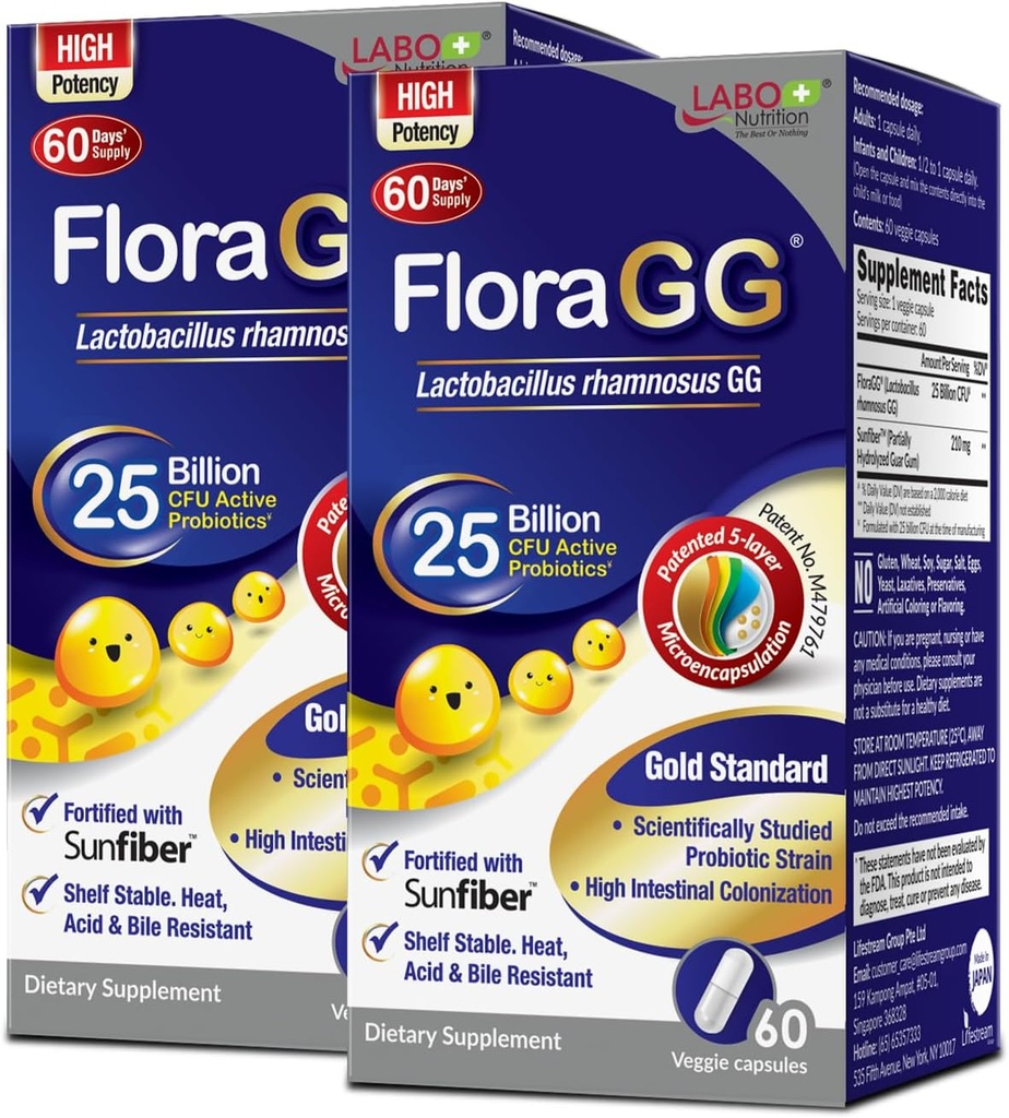 LABO Nutrition FloraGG, Lactobacillus Rhamnosus GG 25 Billion CFU Active Probiotics &amp; Sunfiber Prebiotic Fiber Supplement, Support Healthy Intestinal, Immune Health Delayed Release &amp; Gluten Free 60sx2