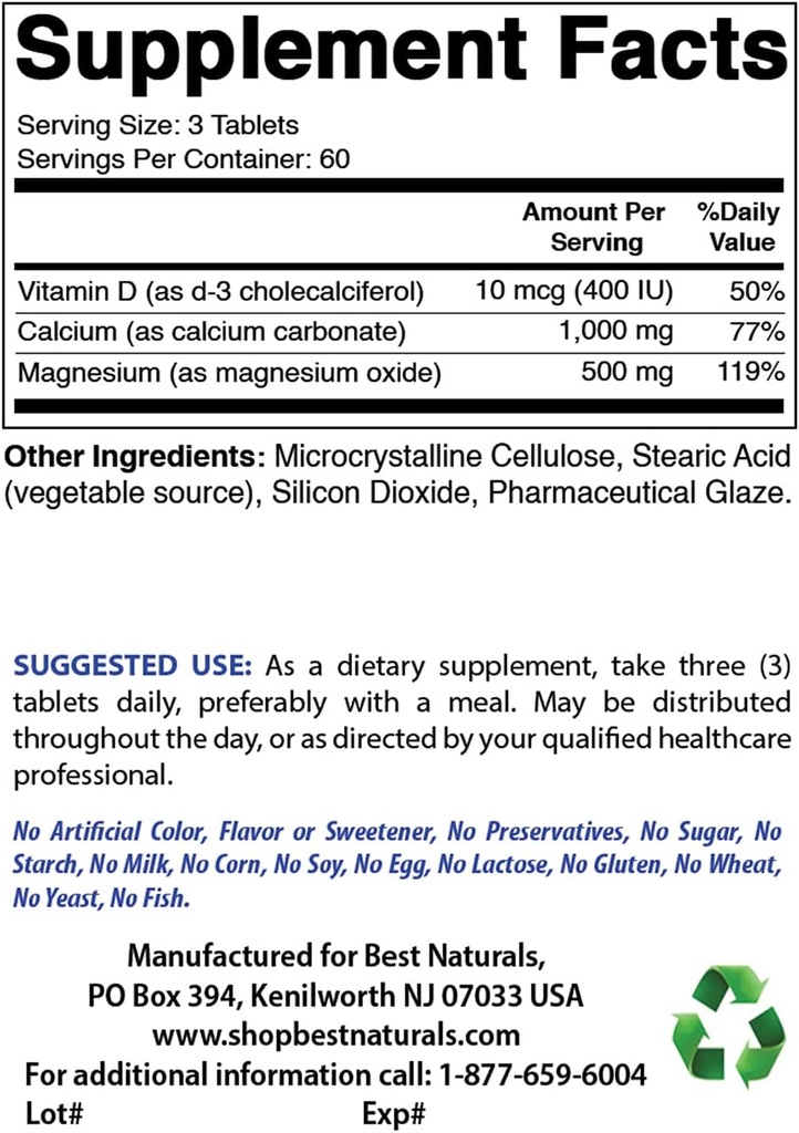 Best Naturals Calcium Magnesium with Vitamin D3 1500mg & Glucosamine Chondroitin and MSM
