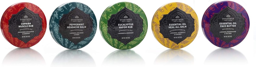 SVASTHYA BODY &amp; MIND Essential Oil Balms Multi Pack Gift Set - Incluye Muscle Rub, Headache Balm, Vapor Rub, Heal All Balm and Face Butter - Made in The USA, 1 ea -5 Pack