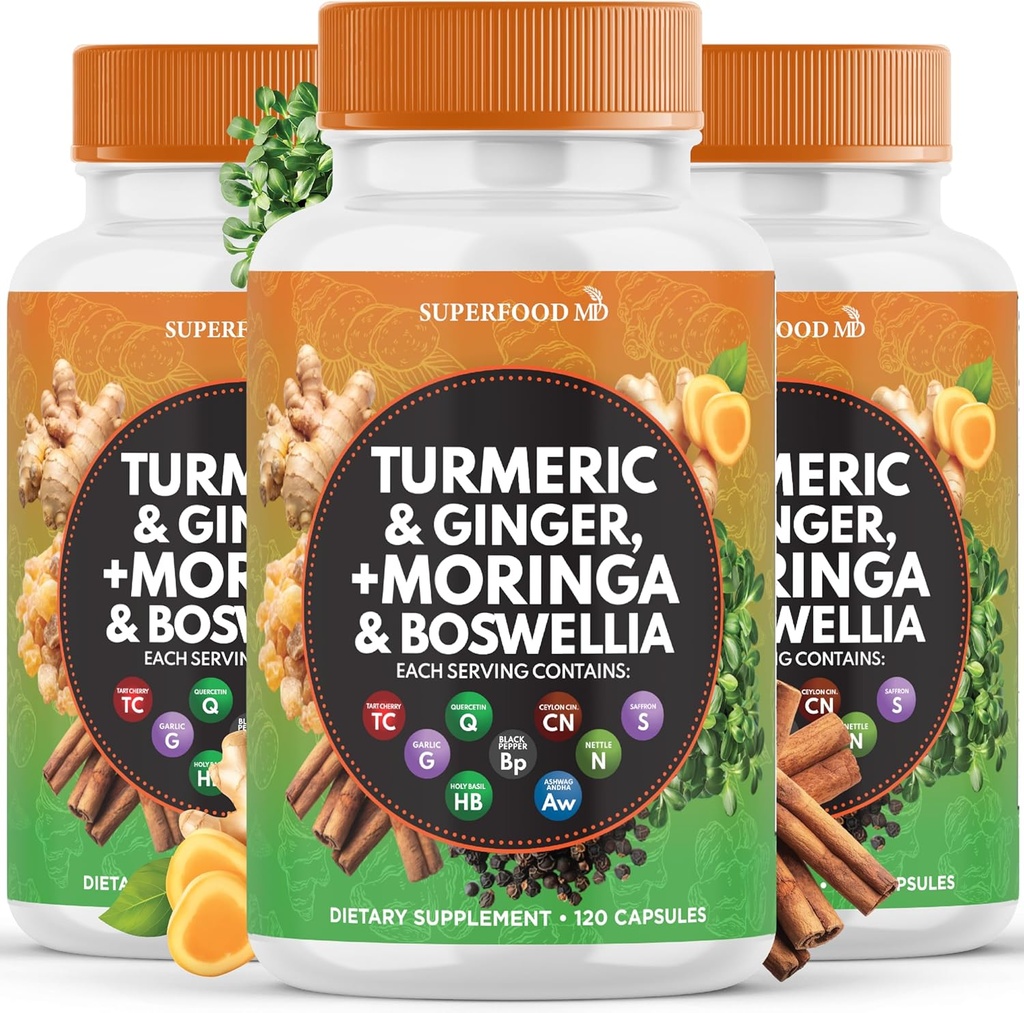 Turmeric Moringa 50000mg Suplemento Silencio Ginger Boswellia 3000mg Saffron 2000mg Holy Basil- Joint Support Suplemento para Mujeres y Hombres con Ceyl Cinnamon, Quercetin, Tart Cherry- 360 Conde