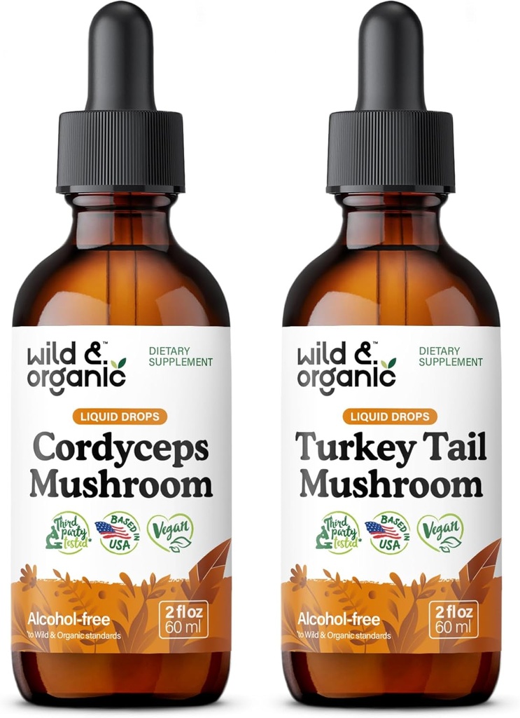 Wild &amp; Organic Cordyceps Mushroom Tincture 2 fl oz &amp; Turquía Tail Mushroom Tincture 2 fl oz