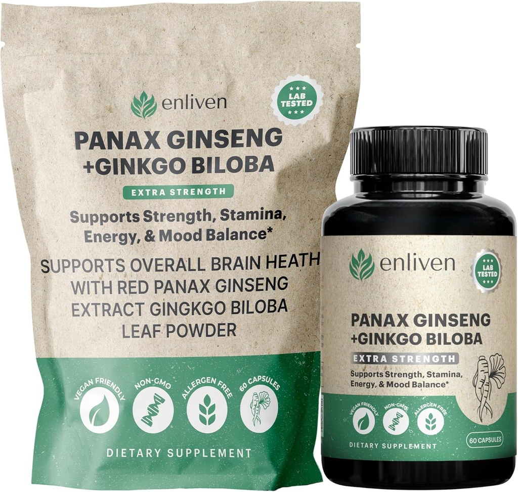 Panax Ginseng " Ginkgo Biloba Supplement for Energy, Focus " Brain Health ¦ Korean Red Ginseng Capsules for Memory, Stress Relief " Circulation ¦ Natural Cognitive Support ← 60 Count Ø Made in USA