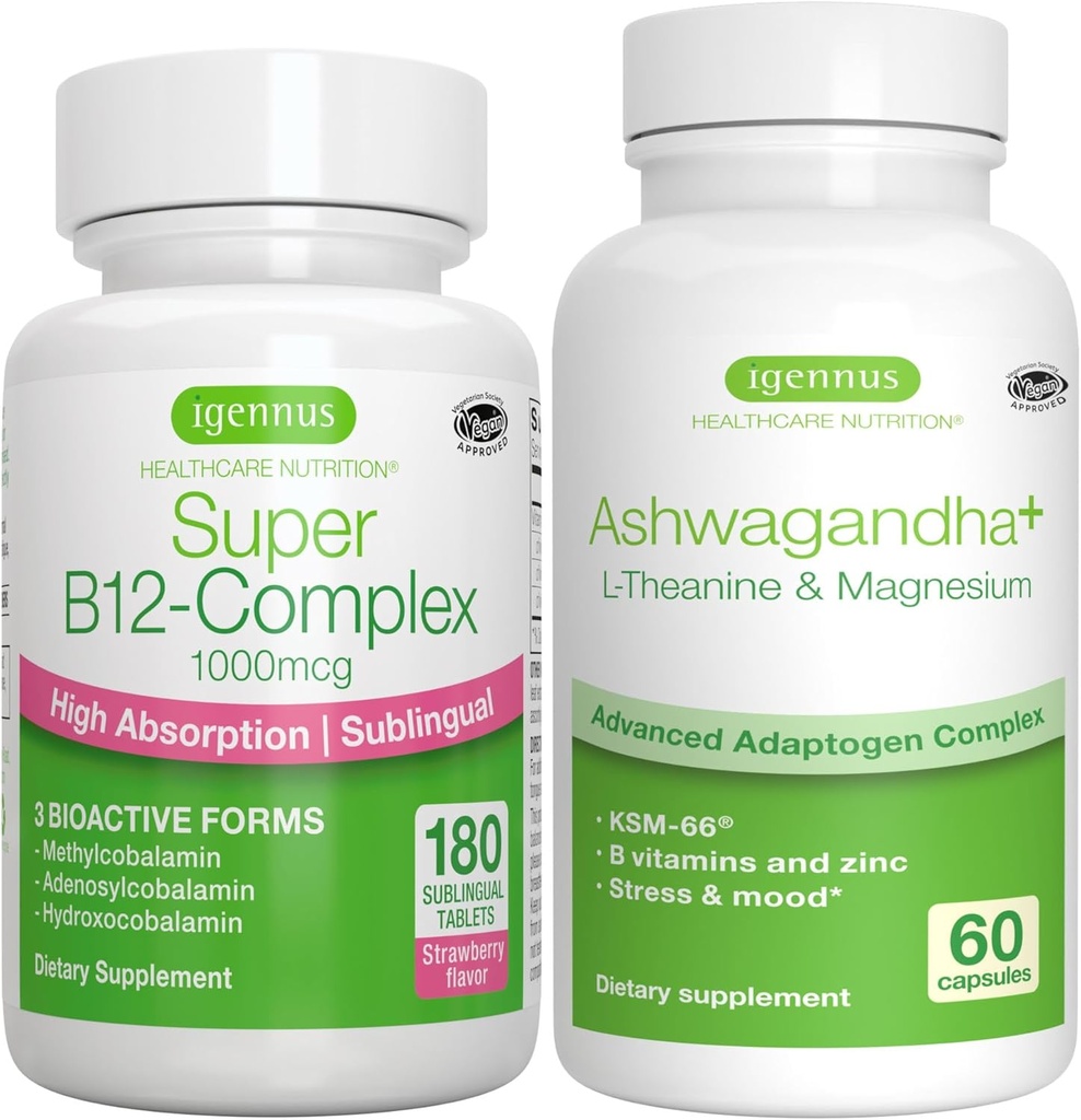 Super B12-Complex 1000mcg + Advanced Ashwagandha KSM-66, L-Theanine &amp; Magnesium Bundle, High Absorption Sublingual Vitamin B12 + Multi Action Adaptogen Complex, by Igennus