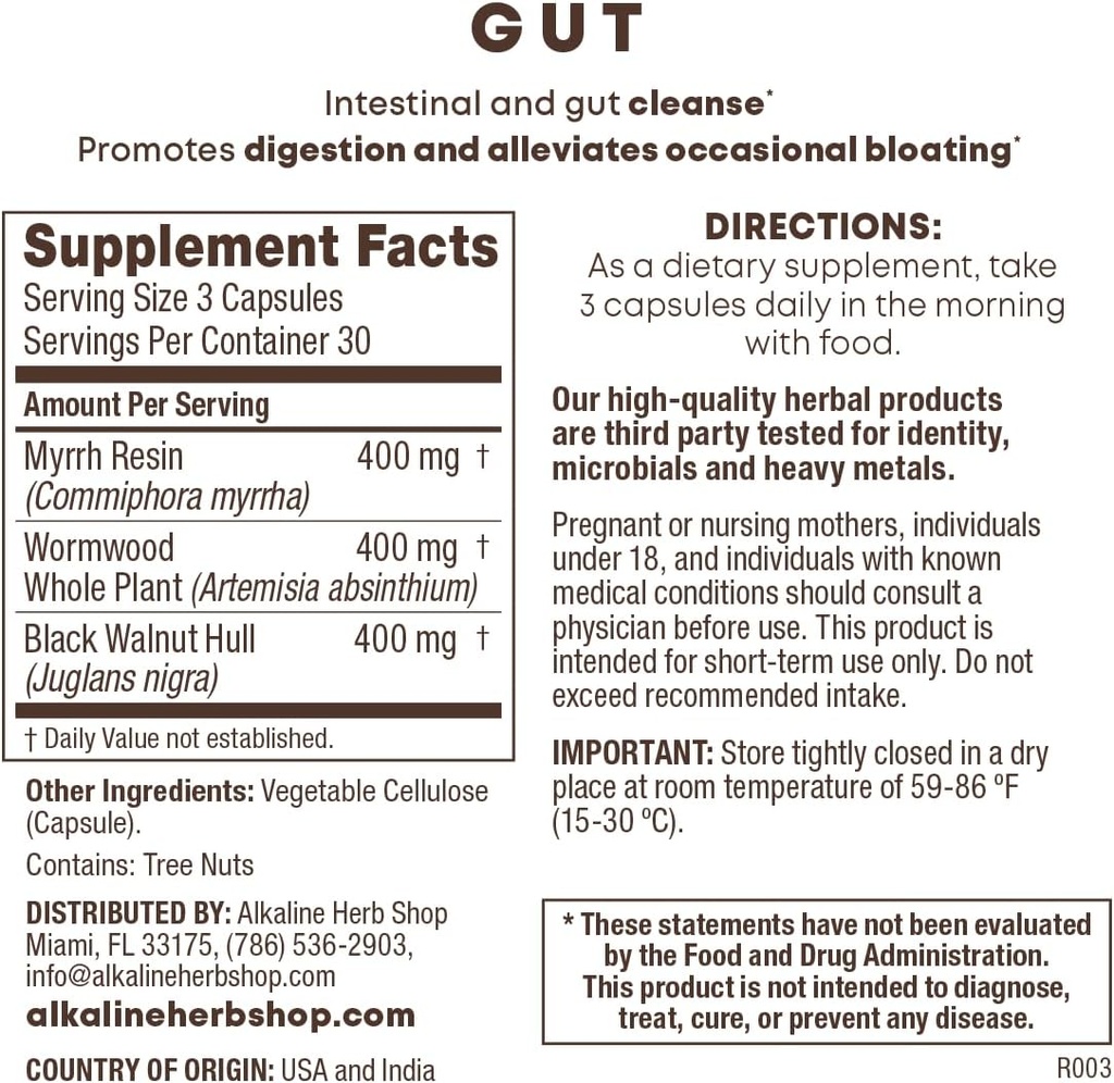 Alkaline Herb Shop Gut Suplemento 90 cápsulas