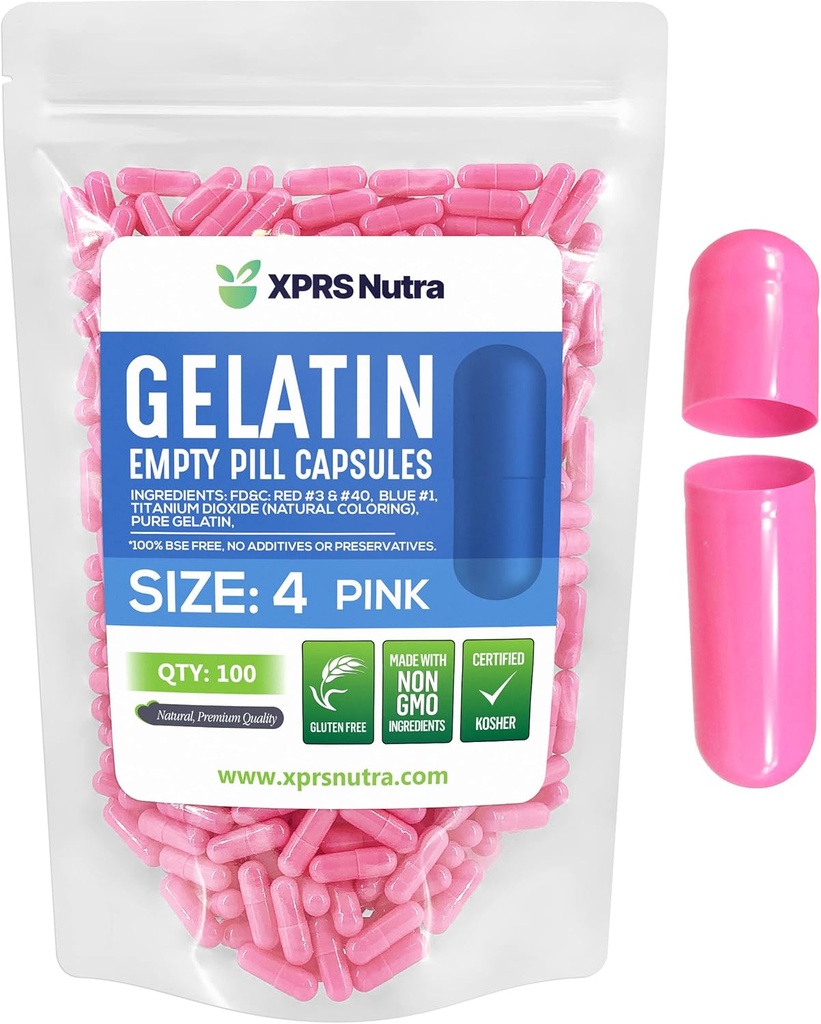 XPRS Nutra Size 4 Empty Capsules - 100 Conde Empty Gelatin Capsules - Pills DIY Capsule Filling - Pure Bovine Pill Gel Caps (Pink)