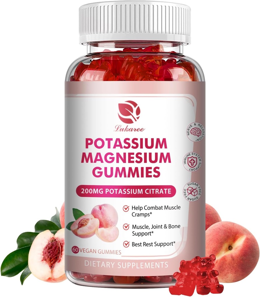 Gummies de magnesio de potasio - High Absorption Magnesium Glycinate & Potassium Citrate 200mg Plus Omega 3, B6, D3, K2 &amp; Calcium - Chewable Gummy for Immunity & Energy - Peach Flavor - 60 Conde