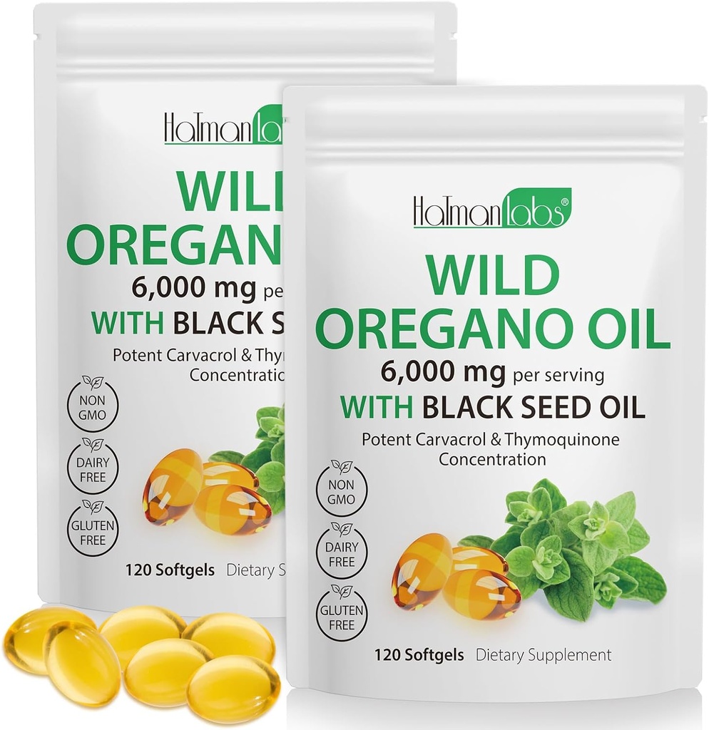 Óleo de Oregano Softgels 6000mg Por Serving 240 Conteo Silencioso 2 en 1 Formulado con Aceite de Semillas Negras 200mg, 4X Strength Carvacrol " Thymoquinone  durable Plant Based, Non-GMO " Immune Support
