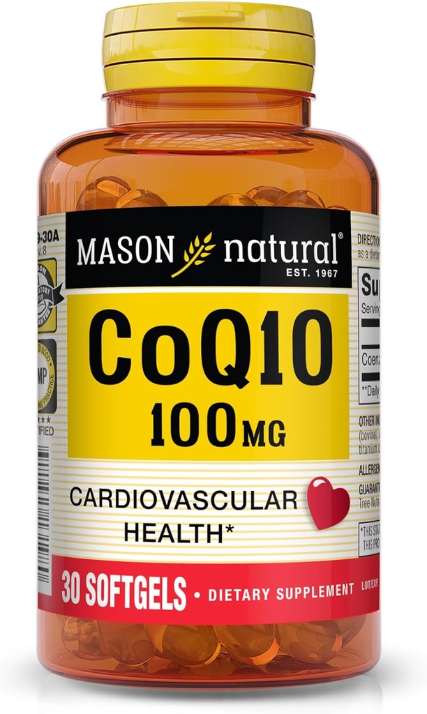 MASON NATURAL Co Q10 100 mg - Producción de energía celular y corazón saludable, soporta la salud cardiovascular, 30 Softgels