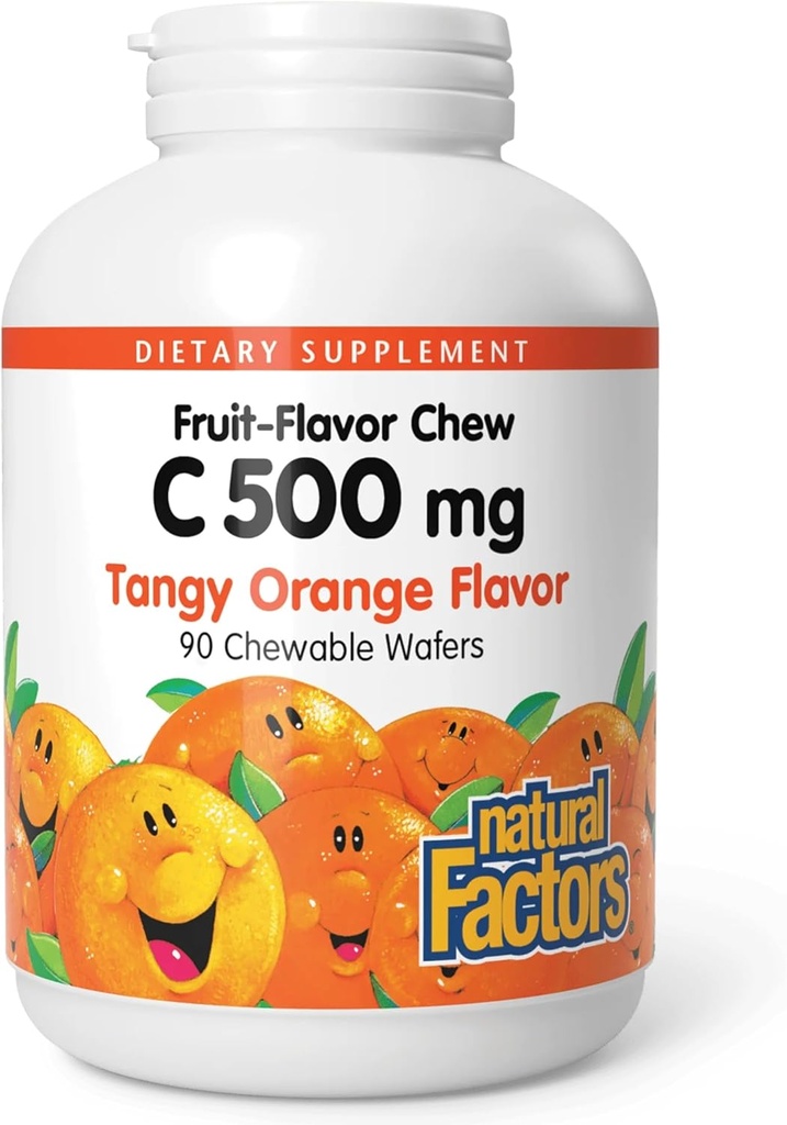 Factores naturales, Vitamina C 500 mg, Niños Chewable para apoyar los huesos y dientes saludables, naranja Tangy, Vegan, No GMO, 90 wafers (90 porciones)