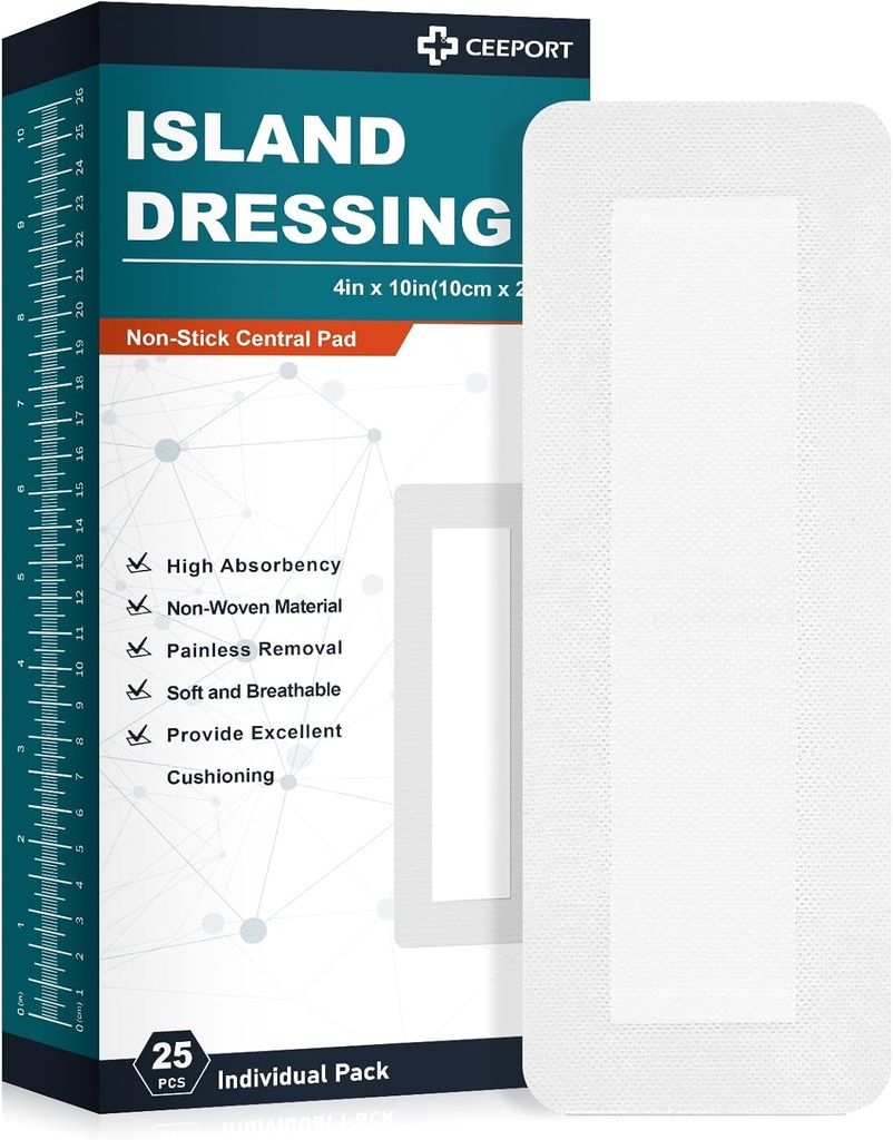 Island Dressing Bordered Gauze 4"x10", 25 Pad de No Estick Empaquetado individualmente en el centro con frontera adhesiva, soft &amp; Highly Absorbent Medical Grade Dressing Gauze Pad for Wound Care and First Aid