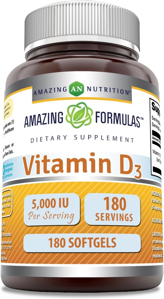 Fórmulas asombrosas Vitamina D3 (Cholecalciferol) Suplemento TEN 5000 UI por Serving TEN 180 Softgels TEN NO-GMO ANTE Gluten-Free TEN Made in USA