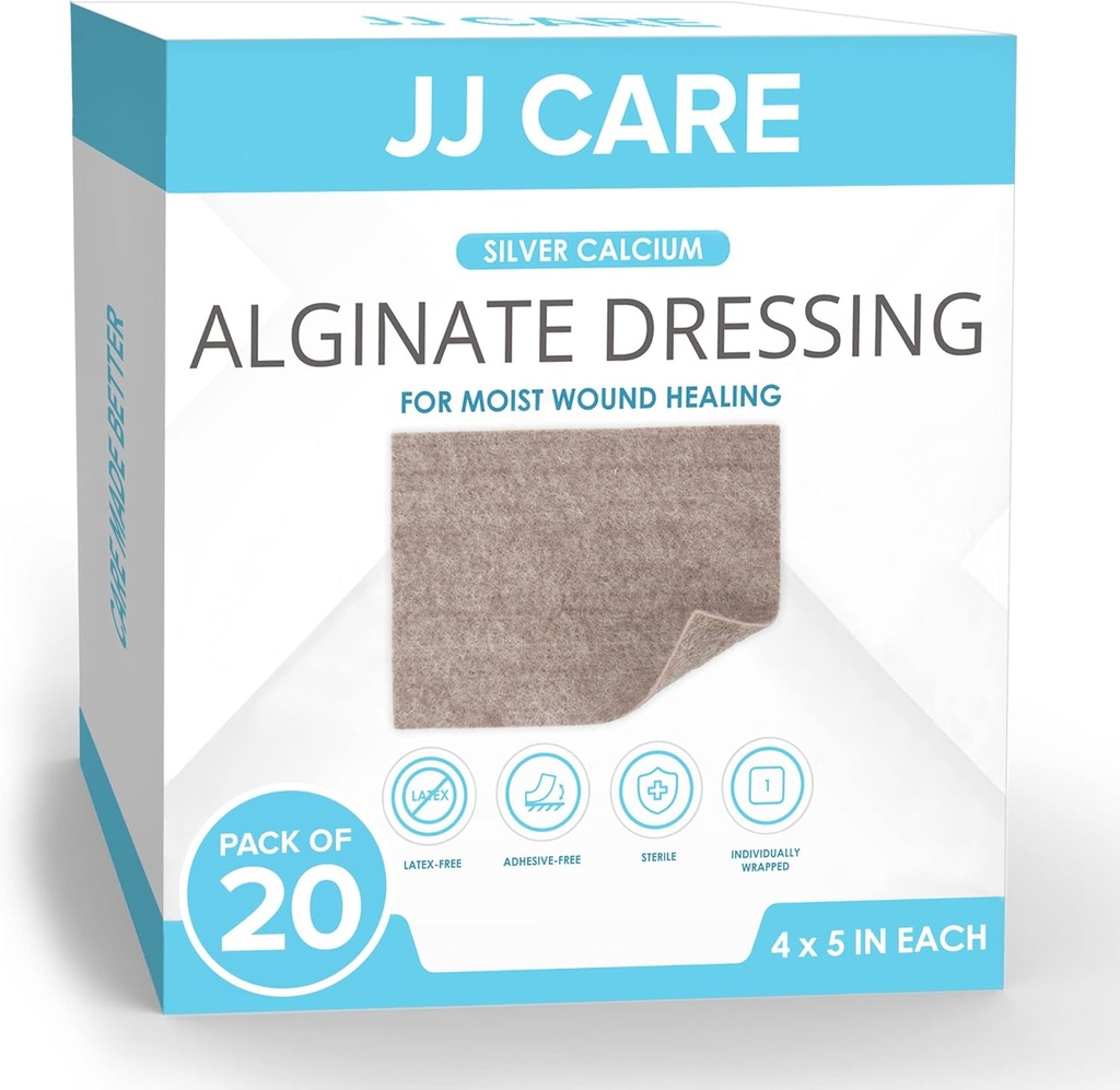 JJ CARE Silver Calcium Alginate Wound Dressing (Pack of 20) 4x5, Silver Alginate Wound Dressing Individualmente Empaquetado, Altamente Absorbent Non-Adherent Bandages for Wound Care
