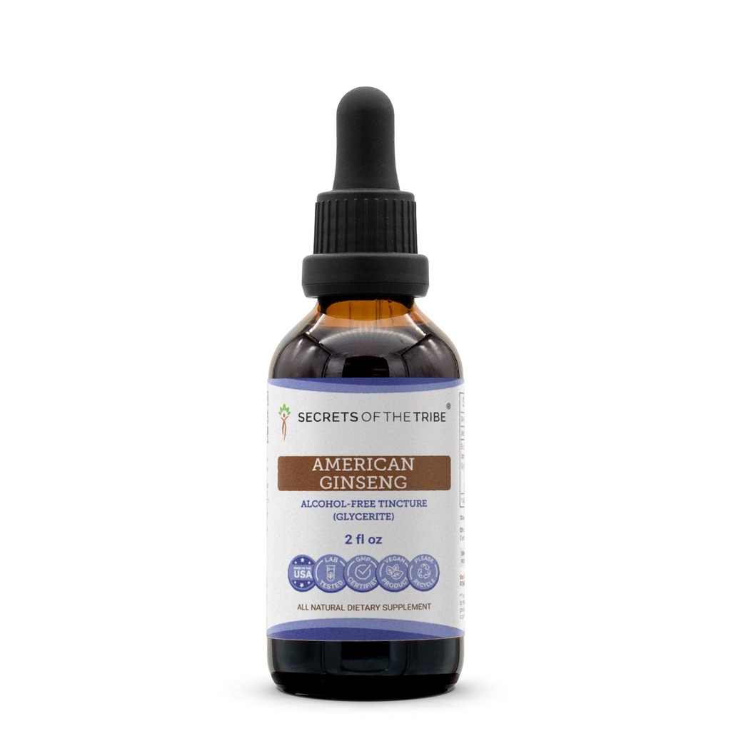 Secrets of the Tribe American Ginseng Tincture Alcohol-Free Extract, Farm Grown American Ginseng (Panax Quinquefolius) Dried Root Tincture Supplement (2 FL OZ)