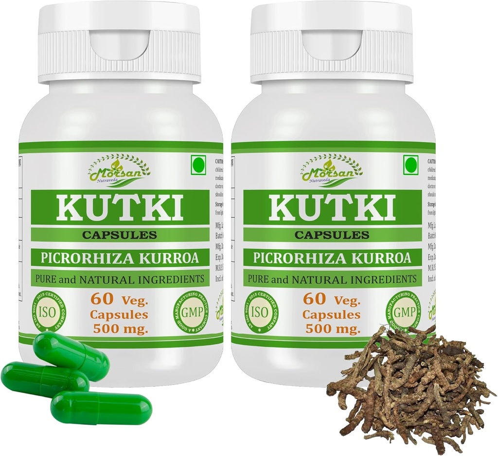 Natural y Puro Herbal PICRORHIZA KURROA (Kutki) Extracto Cápsulas Ø Potencia más alta, 100% Herbal Producto Silencioso Pack de 60 X 500 mg. Veg. Cápsulas (Pack of 2 Jar)
