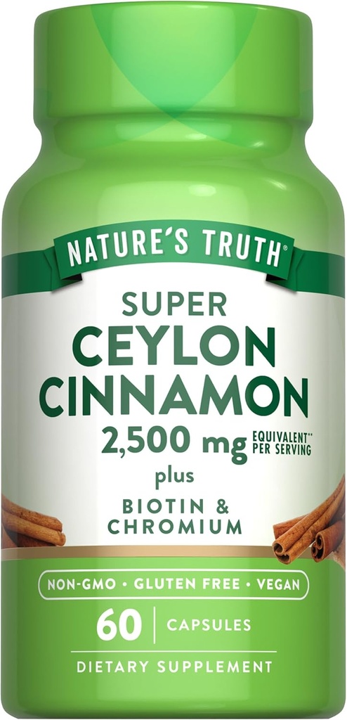 La verdad de la naturaleza Ceylon Cinnamon Capsules ← 2500mg  durable plus Chromium and Biotin Silencio 60 Conde ← Vegan, No GMO &amp; Gluten Free Supplement