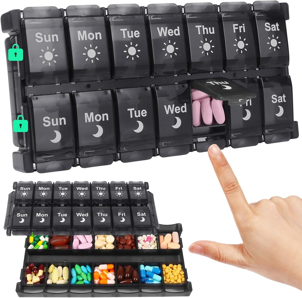 Shintop semanal Pill Box 2 veces al día, Easy Fill Medicine Pill Organizer Push Button Pill Case Morning Night Vitamin Organizer for Fish Oil Supplements (Black)