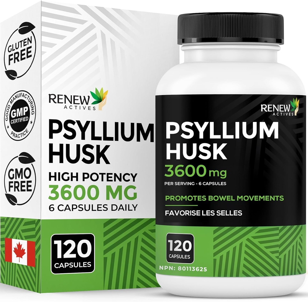 Renew Actives Psyllium Husk 1200MG per 2 Capsules – Bulk-Forming Laxative & Soluble Fiber for Digestive Health, Regularity & Adult Wellness – Pure Ingredients – Made in Canada – 120 Capsules