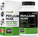 Renew Actives Psyllium Husk 1200MG por 2 cápsulas – Bulk-Forming Laxative & Soluble Fiber for Digestive Health, Regularity & Adult Wellness – Pure Ingredients – Made in Canada – 120 cápsulas