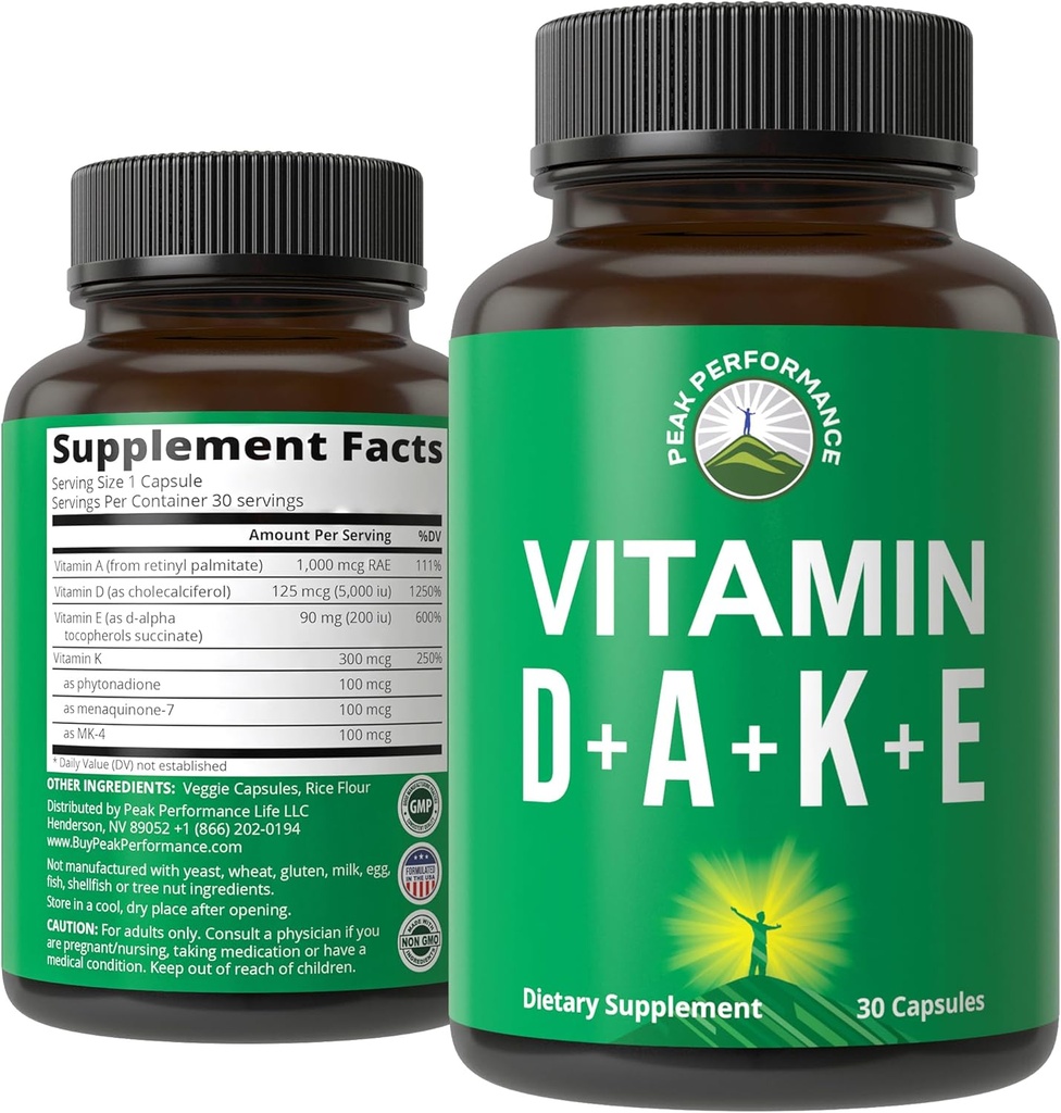 Rendimiento de pico Vitaminas D 5,000 iu + A + K + E Todo en 1 Cápsula Vegana Fácil de Tragar. Suplemento Vitamina ADK con E D3 K2. Vitaminas Esenciales para Mood, Immune, Bone, Vision, Heart