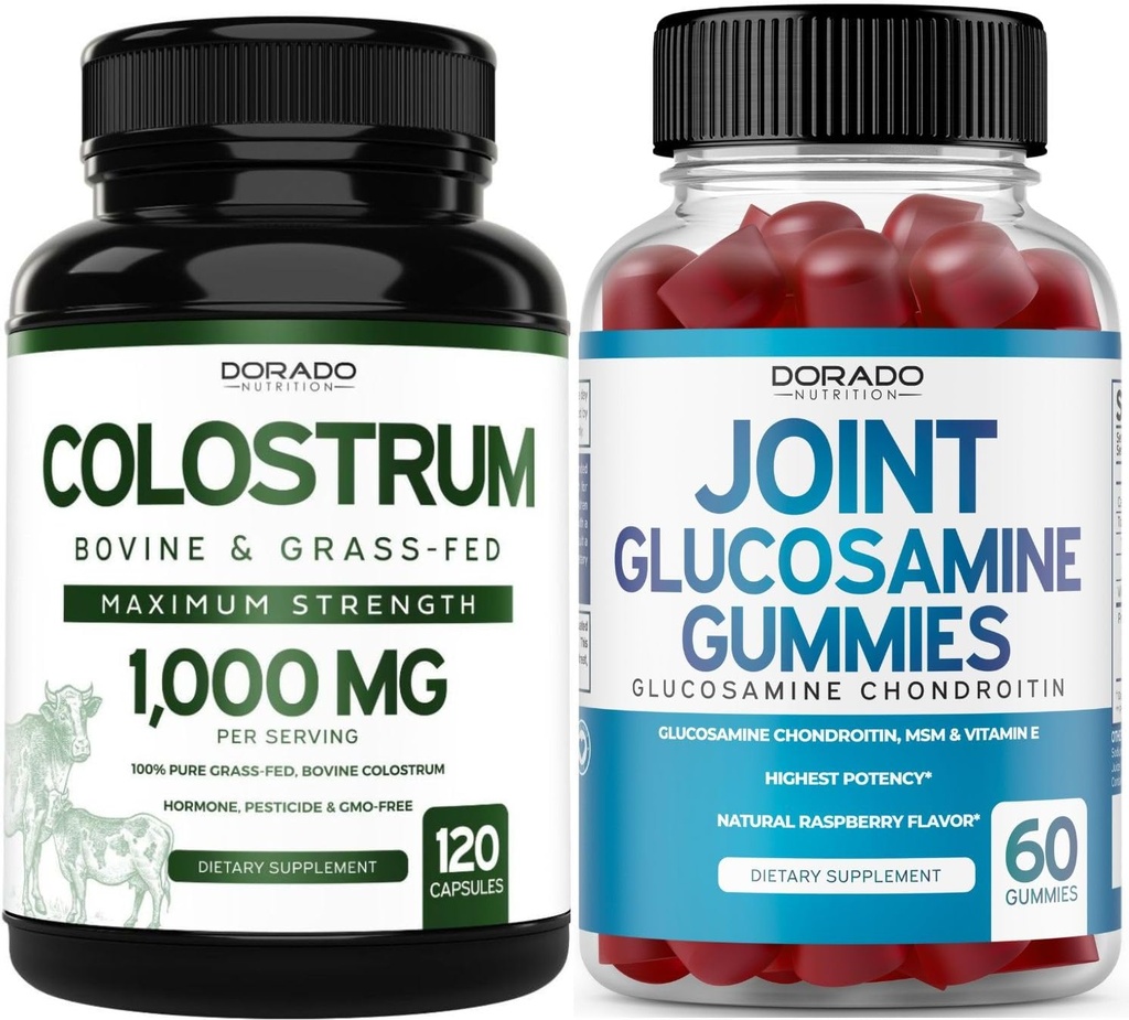 Colostrum (120 Conde) Bovine Colostrum Capsules for Adults and Glucosamine Chondroitin (60 Gummies) Suplementos Conjuntos para Hombres &amp; Mujeres con Delicious Raspberry Flavor - Vegan Safe & Made in USA