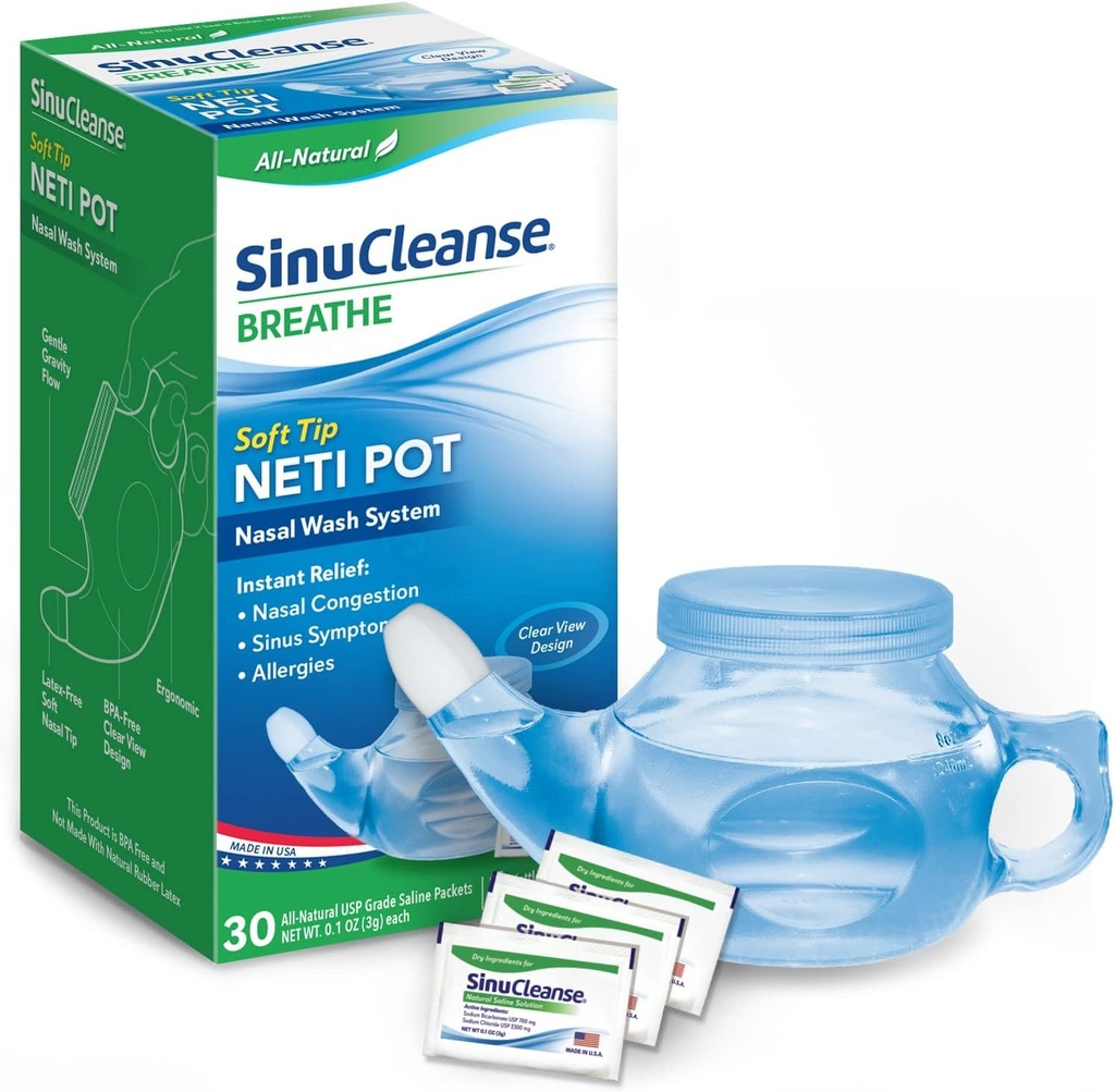 SinuCleanse Soft Tip Neti Pot Nasal Wash System, Alivia la Congestión Nasal Debido a la gripe fría, aire seco, alergias, 30 Packets Saline All-Natural, Hecho en EE.UU.