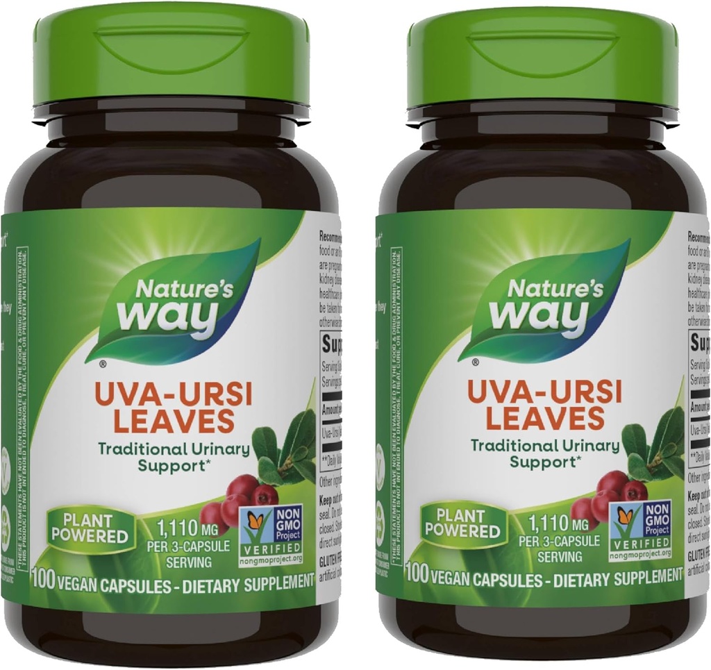 Natural Way Uva Ursi Leaves, Traditional Urinary Support*, 1,110 mg por 3-Capsule Serving, Non-GMO Project Verified, Herbal Dietary Supplement, 100 Vegan Capsules (Packaging May Vary) - 2 Pack