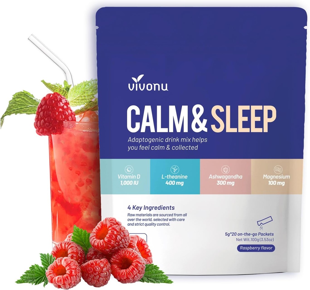 VivoNu Calm " Sleep Powdered Drink Mix Raspberry L Theanine Ksm-66 Ashwagandha Magnesium Glycinate Vitamin D 3 Suplementos para la relajación " Focus (VSC M2)