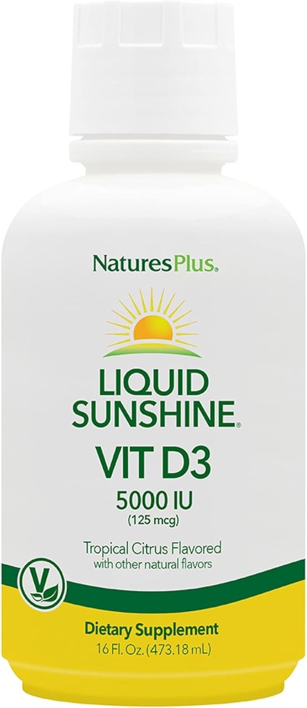Natures Plus Liquid Sunshine Vitamina D3-5000 UI, 16 fl oz - Delicious Tropical Citrus Flavor - Bone Health, Heart Health &amp; Immune System Support Suplemento - Gluten Free - 32 Servings