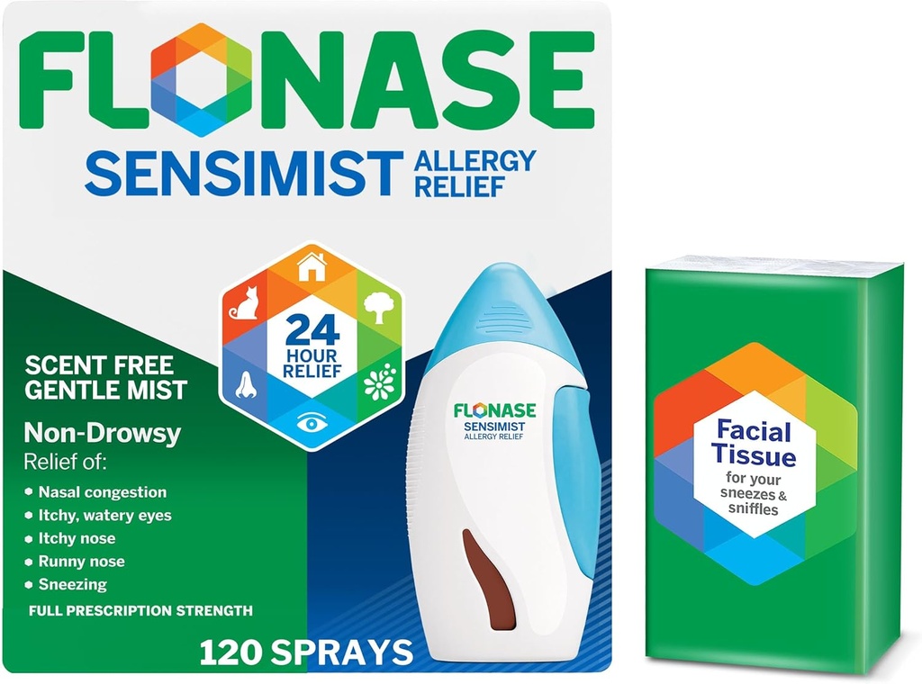Flonase Sensimist Alergy Relief Nasal Spray - Non-Drowsy 24HR Long Lasting Alergy Relief with Fine, Scent-Free Mist - 120 Sprays Plus Bonus Pack of Tissues