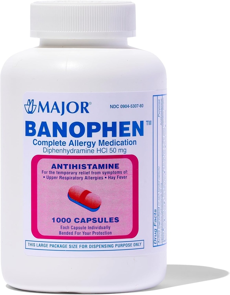 MAJOR Banophen Diphenhydramine HCI 50 mg Capsules - Alivio Temporal de los síntomas de Hay fiebre y alergias respiratorias superiores - Antihistamina - Medicina de alergia - 1000 cápsulas (1-Pack)