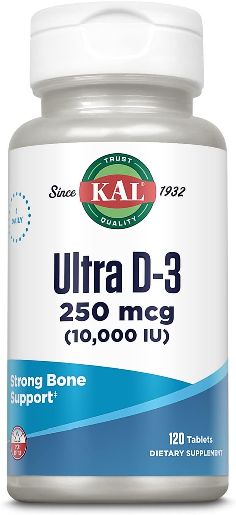 KAL Ultra Vitamina D3 10000 UI 250 mcg, High Potency Vitamin D Tablets, Calcium Absorption, Bone Health and Immune Support Suplemento, Rapid Disintegration D-3 ActivTabs, 120 Servings, 120 Tablets