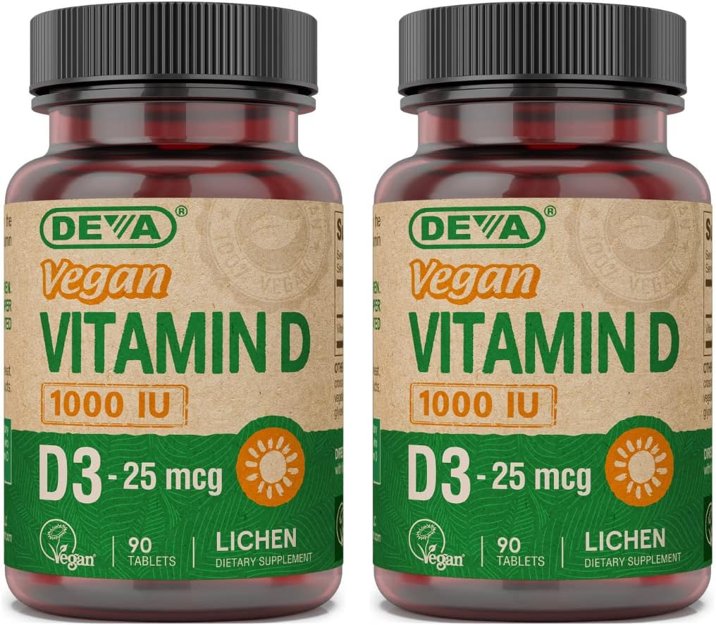 DEVA Vegan Vitamina D3 Suplemento - Una vez por día Tablet con 1000 UI - Cholecalciferol - Lichen Plant Derived - 90 Tablas pequeñas, 2-Pack