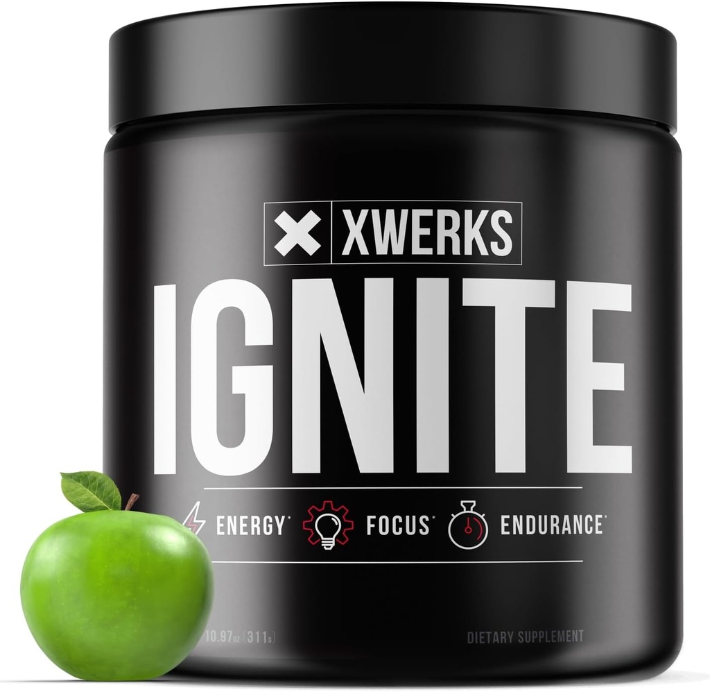 Xwerks Ignite Green Apple Pre Workout Powder, Natural Keto Pre Workout for Women and Hombres with Explosive Energy, Gluten Free Blend for Endurance and Stamina, 150mg Caffeine, 30 Servings